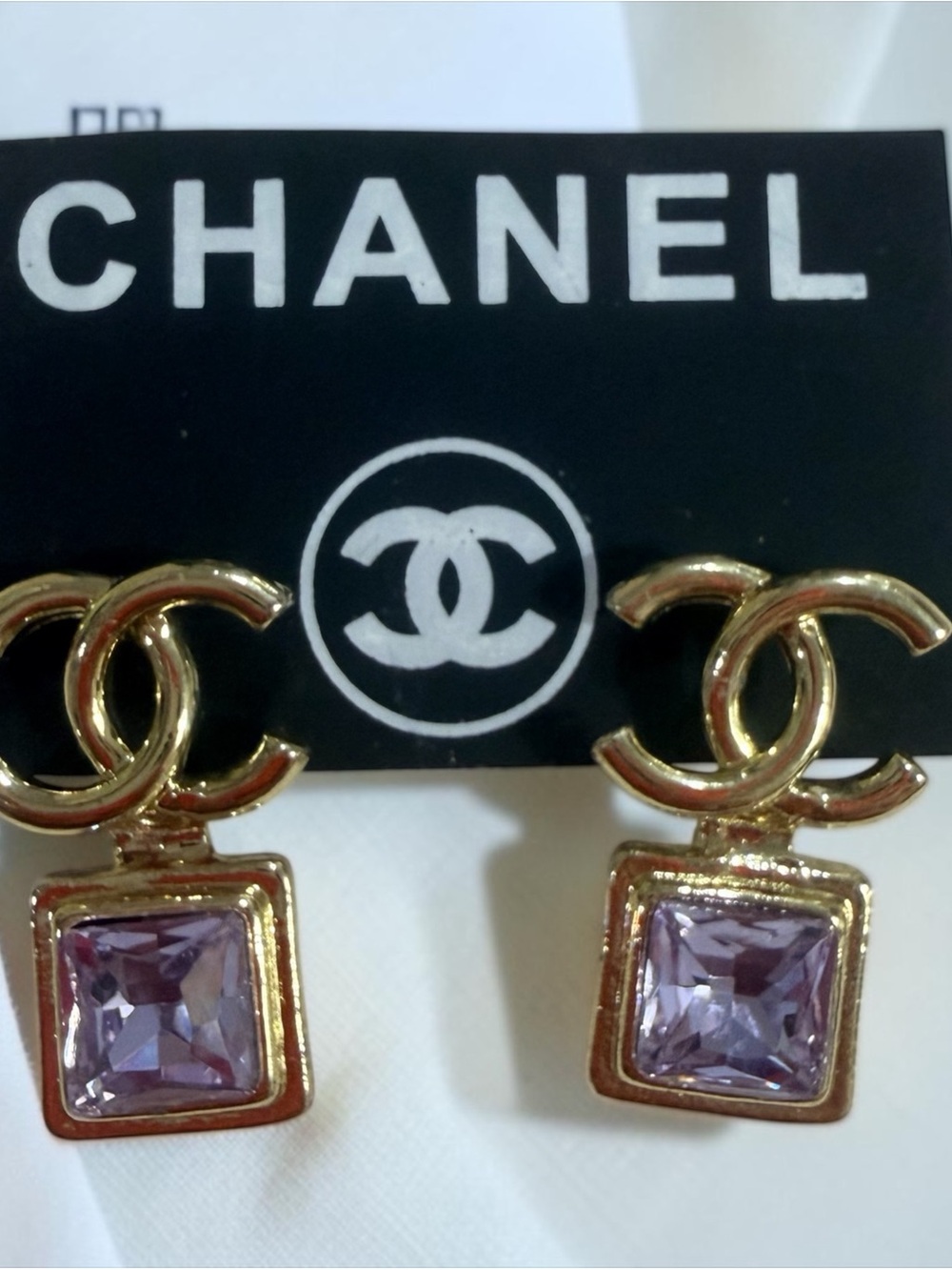 Gold-Tone CC Drop Earrings with Lavender Square Stones
